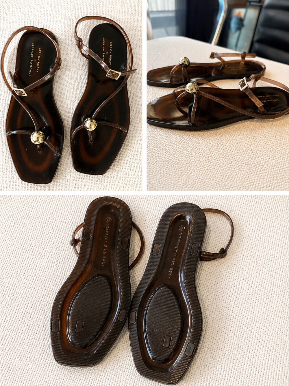 Loeffler Randall Brown Leather T-Strap Sandals with Gold Accent